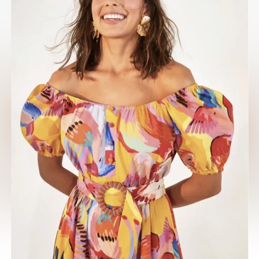 NWT FARM RIO Anthropologie Neon Macaws Puff Sleeve Maxi Dress - Picture 12 of 16
